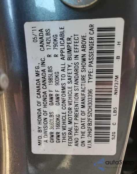 2012 Honda Civic Lx from USA, damaged, VIN 2HGFB2F52CH303396